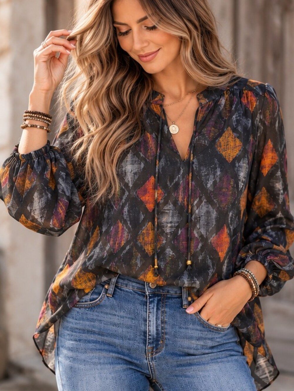 APNY Crossover Top With Tassel Geometric Crossover Blouse Boho Lagenlook Large